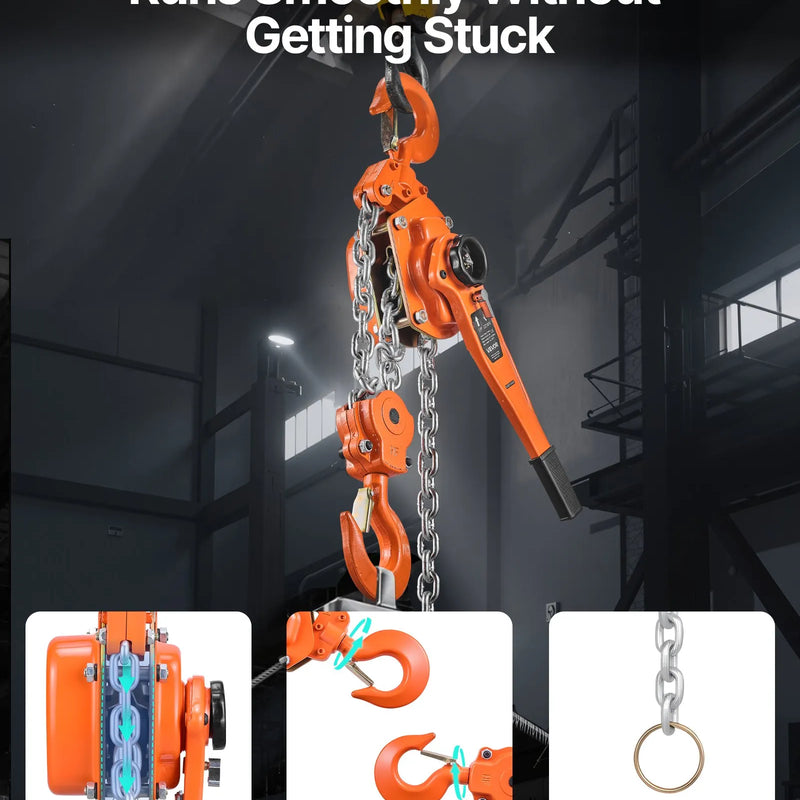 VEVOR rokas ķēdes pacēlājs 6 t (6000 kg) ar 3 m G80 tērauda ķēdi, dubulto sprūdrata mehānisko bremzi un 360° rotējošiem āķiem noliktavām, būvniecībai un garāžām
