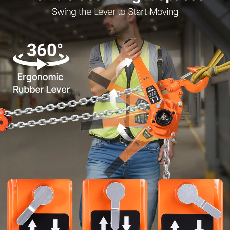 VEVOR rokas ķēdes pacēlājs 6 t (6000 kg) ar 3 m G80 tērauda ķēdi, dubulto sprūdrata mehānisko bremzi un 360° rotējošiem āķiem noliktavām, būvniecībai un garāžām