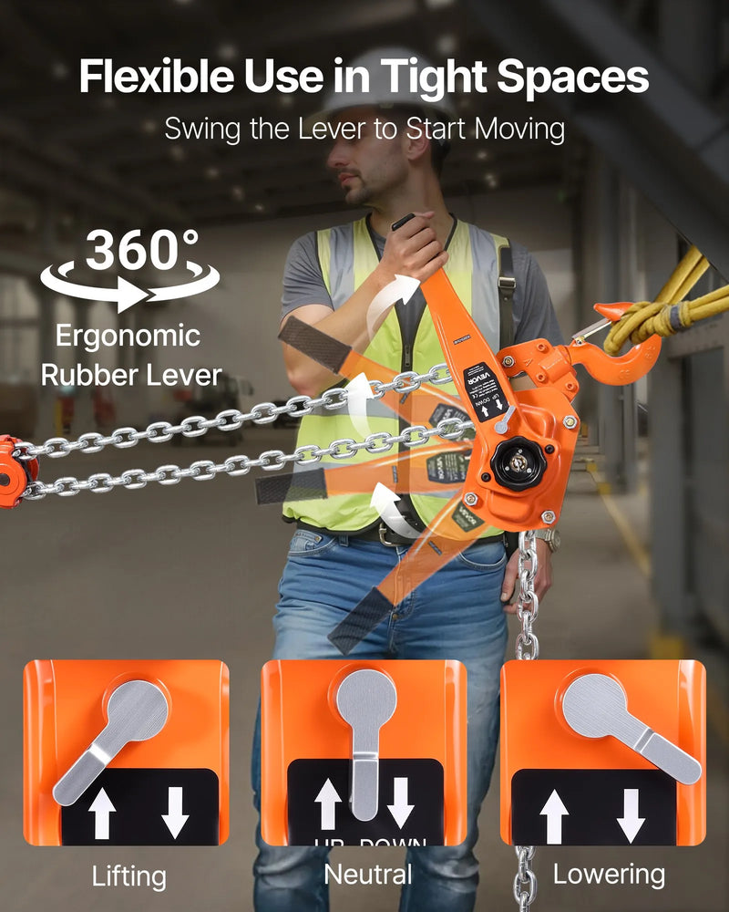 VEVOR rokas ķēdes pacēlājs 6 t (6000 kg) ar 3 m G80 tērauda ķēdi, dubulto sprūdrata mehānisko bremzi un 360° rotējošiem āķiem noliktavām, būvniecībai un garāžām
