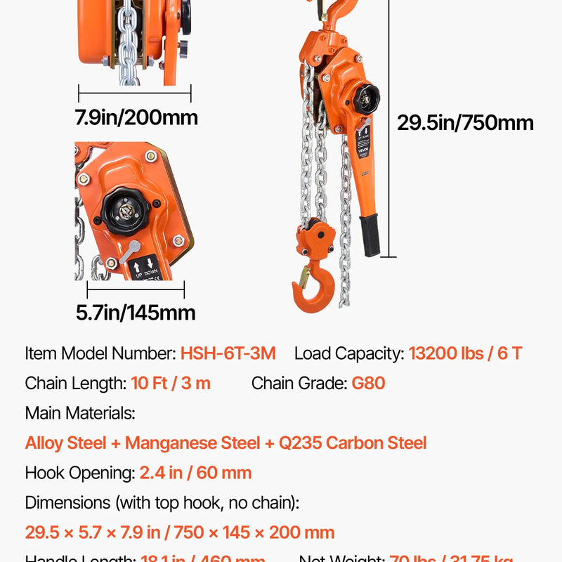 VEVOR rokas ķēdes pacēlājs 6 t (6000 kg) ar 3 m G80 tērauda ķēdi, dubulto sprūdrata mehānisko bremzi un 360° rotējošiem āķiem noliktavām, būvniecībai un garāžām