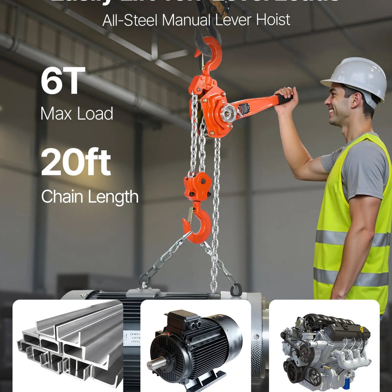VEVOR rokas sviras ķēdes pacēlājs, 6000 kg kravnesība, 6 m pacelšanas augstums, G80 sakausējuma tērauda ķēde, dubultklikšķa mehāniskā bremze un 360° rotējoši āķi, piemērots noliktavām, būvniecībai un garāžām