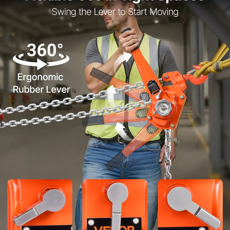 VEVOR rokas sviras ķēdes pacēlājs, 6000 kg kravnesība, 6 m pacelšanas augstums, G80 sakausējuma tērauda ķēde, dubultklikšķa mehāniskā bremze un 360° rotējoši āķi, piemērots noliktavām, būvniecībai un garāžām
