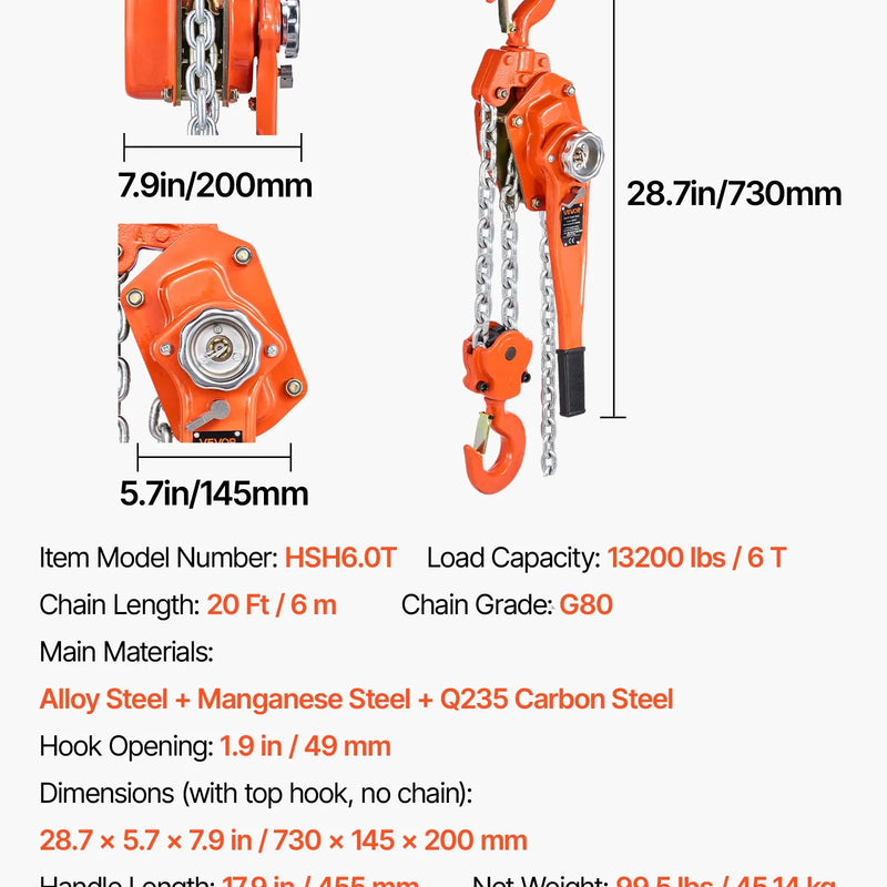 VEVOR rokas sviras ķēdes pacēlājs, 6000 kg kravnesība, 6 m pacelšanas augstums, G80 sakausējuma tērauda ķēde, dubultklikšķa mehāniskā bremze un 360° rotējoši āķi, piemērots noliktavām, būvniecībai un garāžām