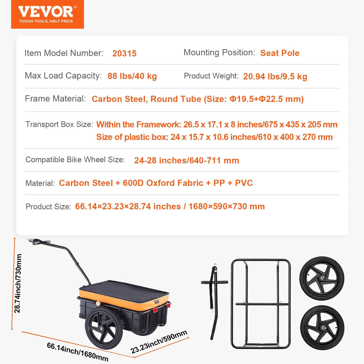 VEVOR salokāma velosipēda kravas piekabe, 39,9 kg, 406 mm riteņi, ar pārsegu