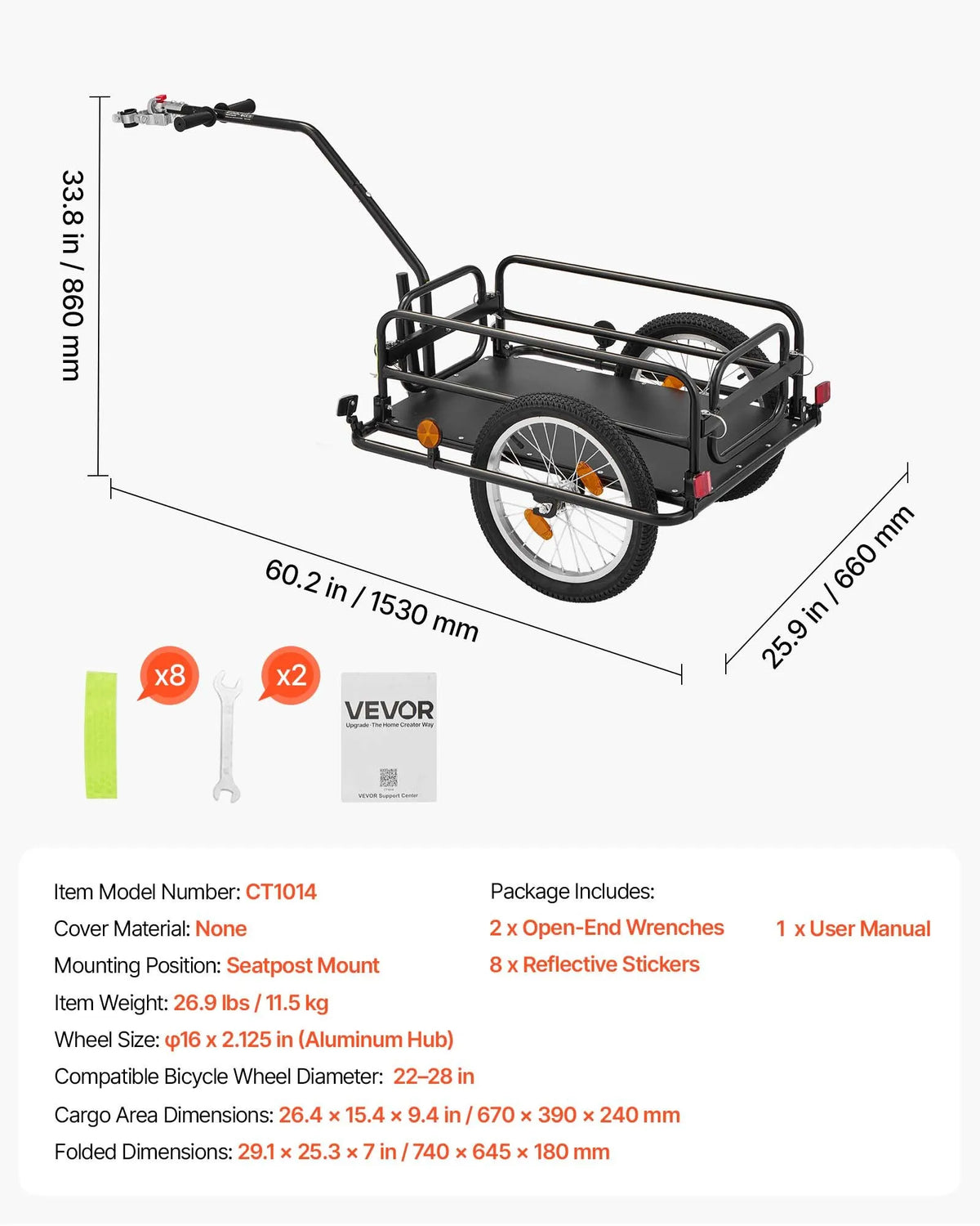 VEVOR 2-in-1 salokāma velosipēda kravas piekabe-ratiņi, 40 kg, 406 mm