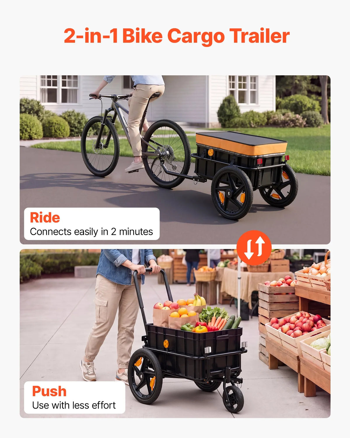 VEVOR 2-in-1 velosipēda kravas piekabe-ratiņi, 45 kg, ar pārsegu