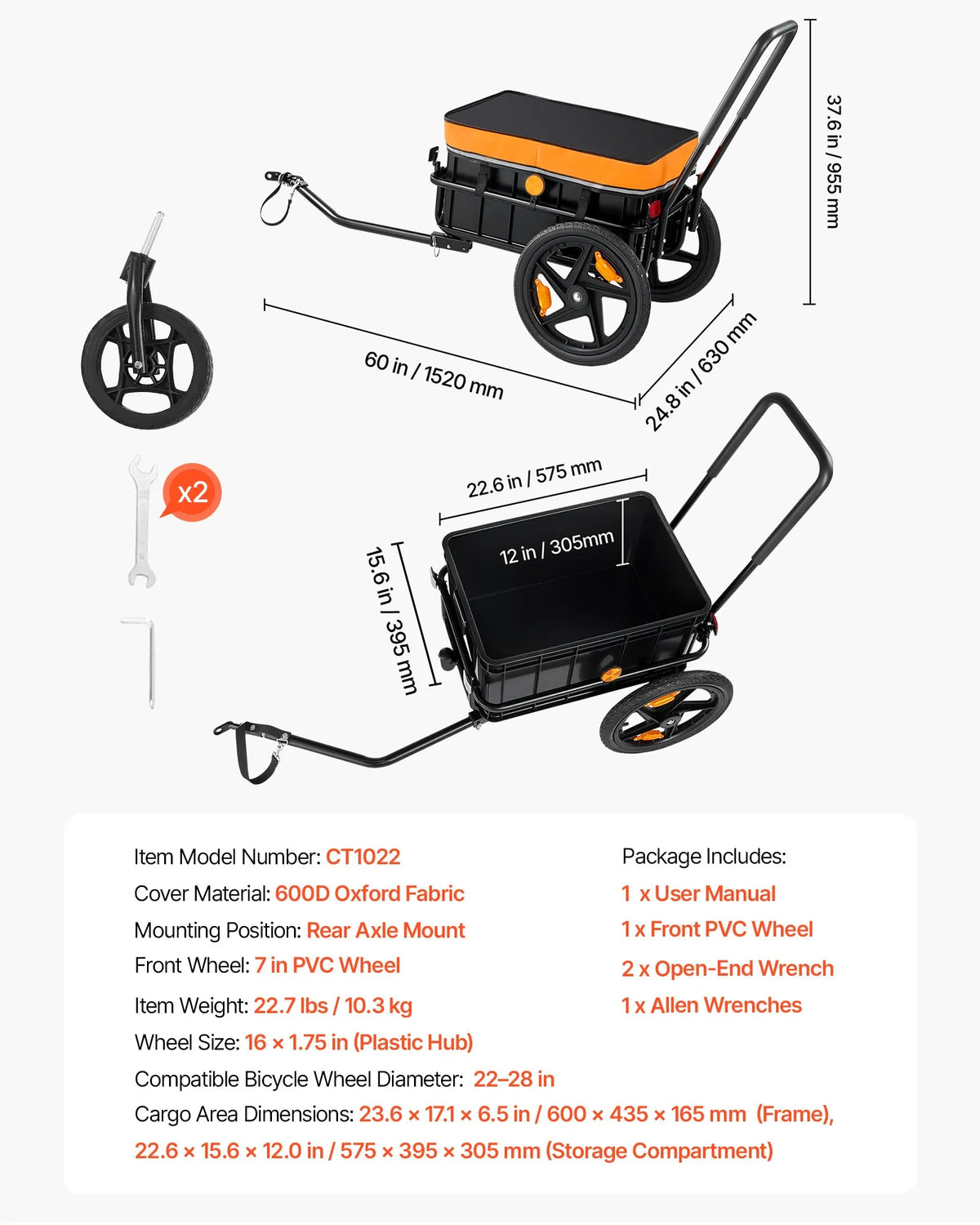 VEVOR 2-in-1 velosipēda kravas piekabe-ratiņi, 45 kg, ar pārsegu