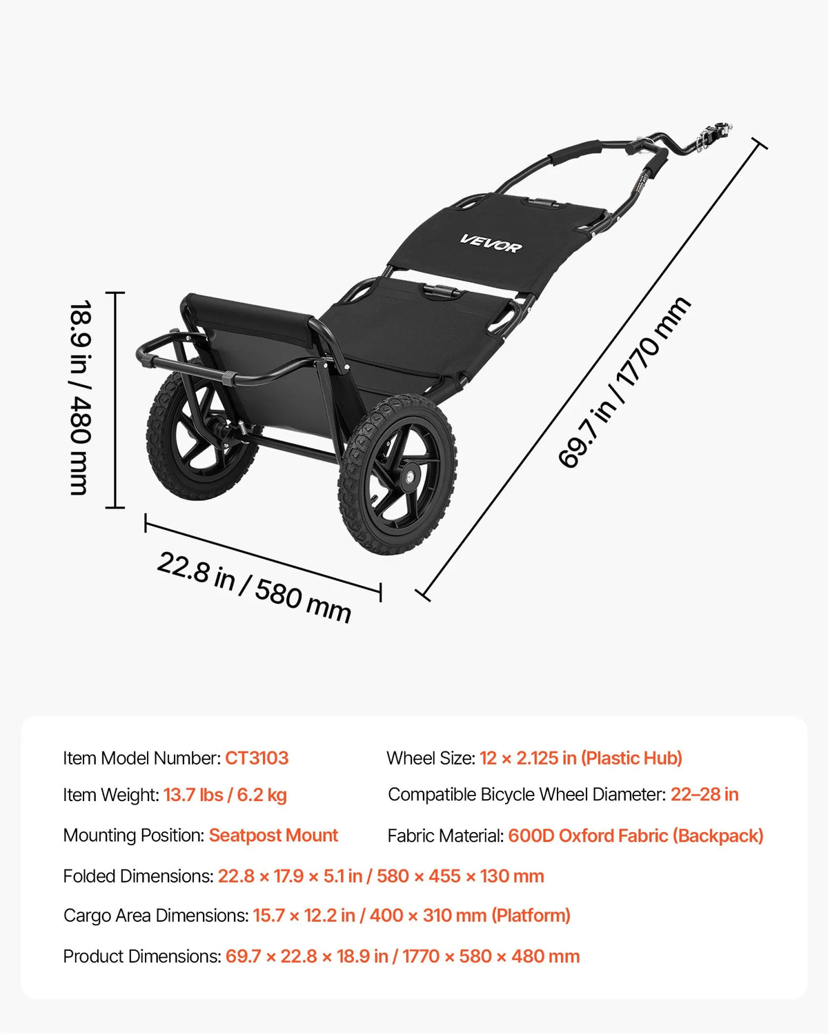 VEVOR 3-in-1 velosipēda kravas piekabe-ratiņi, 27 kg, salokāma