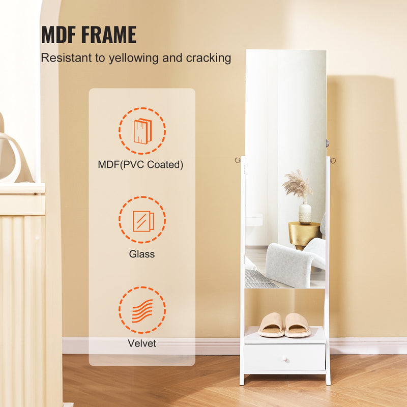 VEVOR 3-in-1 spoguļu rotaslietu skapītis - pilna garuma stāvošs spogulis ar uzglabāšanu, balts