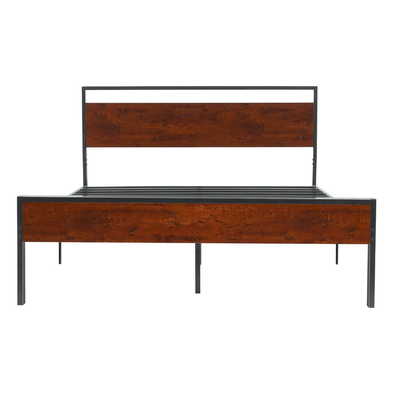 VEVOR queen izmēra gultas rāmis 35 cm ar metāla platformu un retro brūnu koka galvgali un kājgali, ar lielu uzglabāšanas vietu zem gultas, neslīdošs, bez trokšņa, bez matrača pamatnes, vienkārša montāža - ZEMLETES.LV
