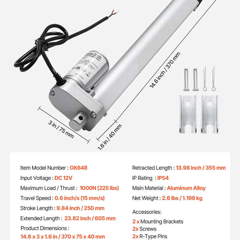 VEVOR lineārais aktuators 12 V 25 cm 15 mm/s ātrgaitas 1000 N lineārās kustības aktuators ar IP54 aizsardzību un montāžas kronšteinu paceļamiem galdiem, relaksācijas krēsliem un logu vai durvju atvērējiem