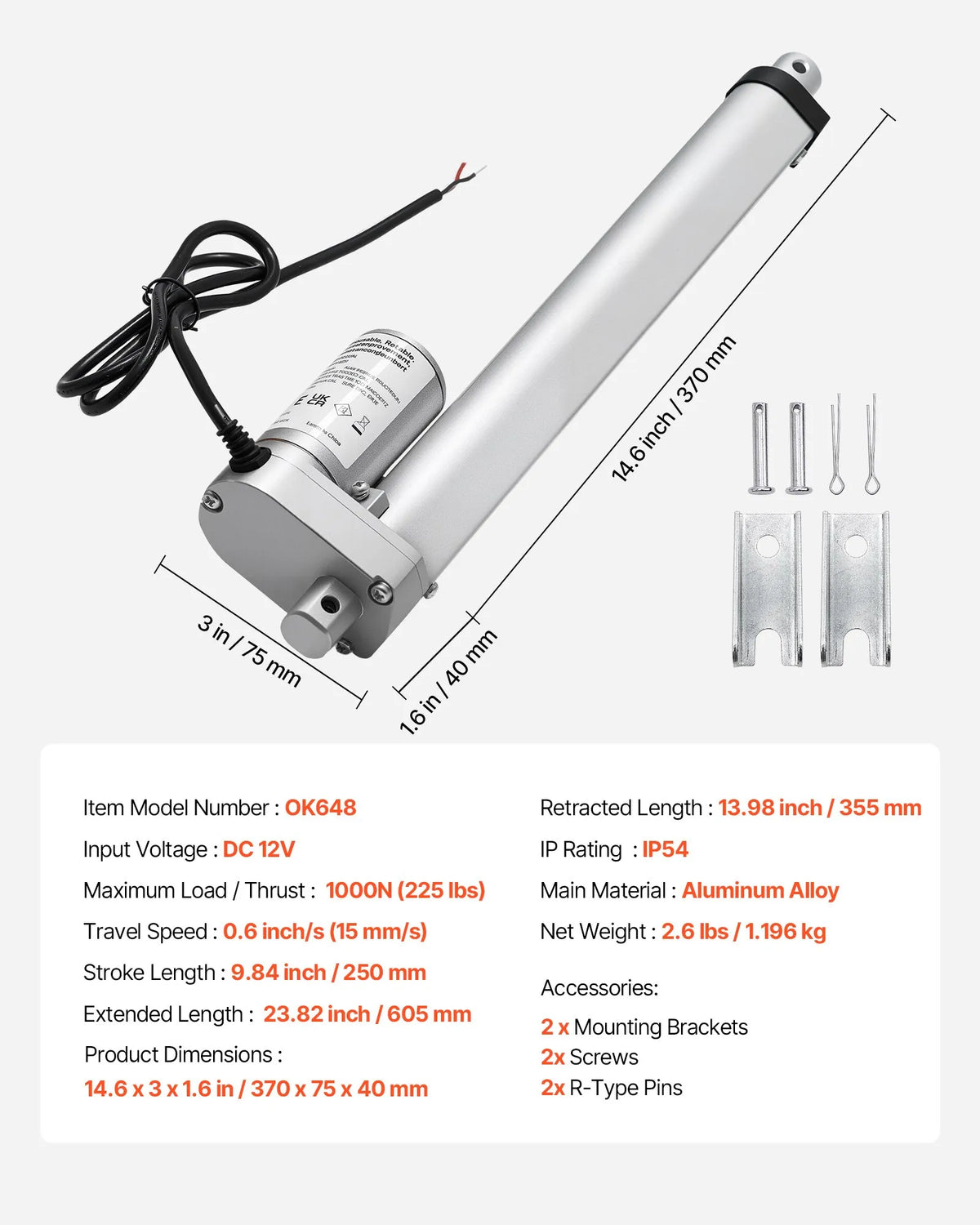 VEVOR Linear Actuator 12 V 25 cm 15 mm/s High-Speed 1000 N Linear Motion Actuator with IP54 Protection and Mounting Bracket for Lifting Tables, Reclining Chairs and Window or Door Openers