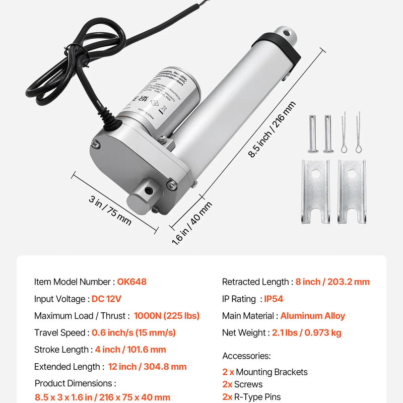 VEVOR 12 V lineārais aktuators 10,2 cm 15 mm/s 1000 N lineārās kustības aktuators ar IP54 aizsardzību un montāžas kronšteinu paceļamiem galdiem atpūtas krēsliem logu un durvju atvērējiem