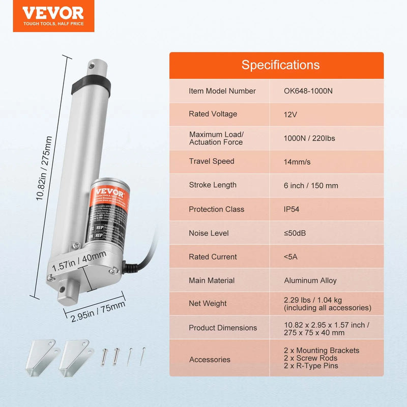 VEVOR lineārais aktuators 12 V 15,2 cm 1,4 cm/s augsta ātruma 99,8 kg 1000 N IP54 aizsardzība