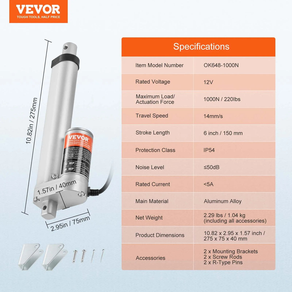 VEVOR lineaarsõiduk 12 V, 15,2 cm, 1,4 cm/s, suur kiirus, 99,8 kg, 1000 N, IP54 kaitseklass
