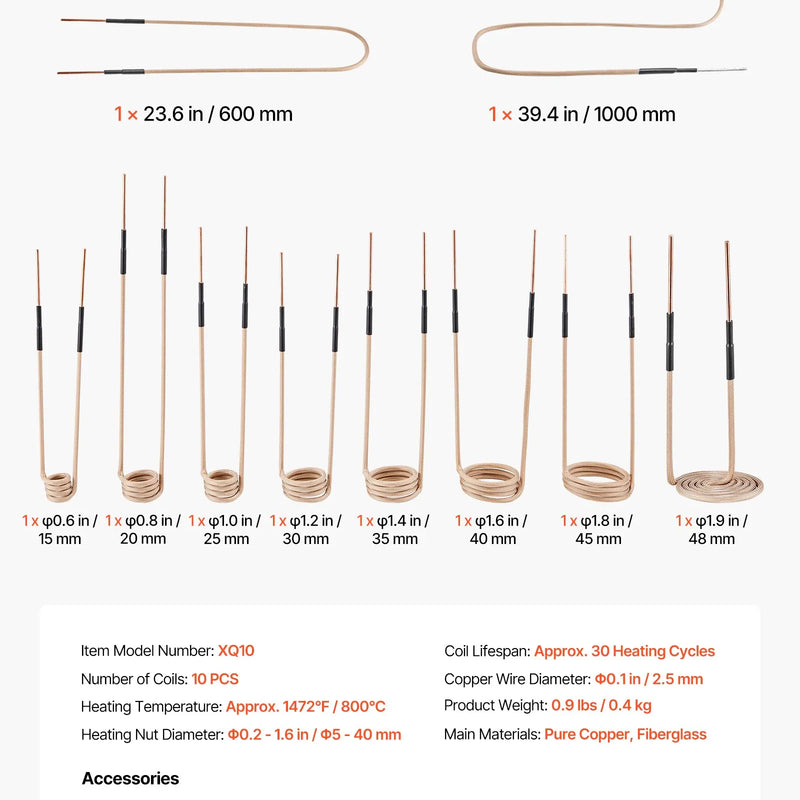 VEVOR 10 gab. magnētiskās indukcijas sildītāja spoles, inductor siltuma piederumi, mini sildītāja spoles komplekts ar elastību un ilgu kalpošanas laiku, piemērots rūsa rievotu skrūvju un uzgriežņu noņemšanai, 8 spoles + 1 U-veida + 1 brīvformas