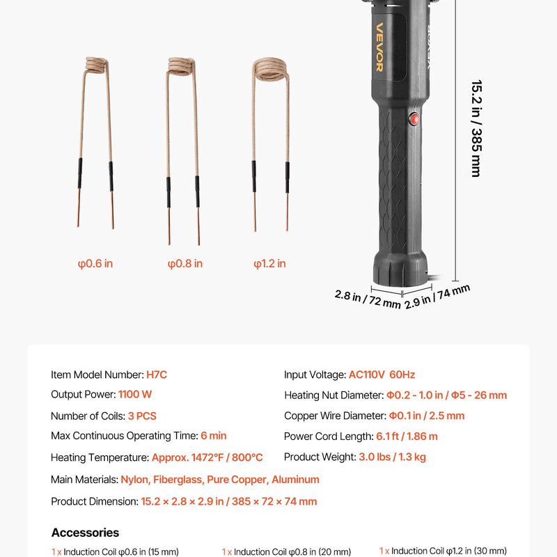 VEVOR indukcijas sildītājs skrūvju atskrūvēšanai, 1100 W, 230 V, rokas indukcijas instruments rūsējušu skrūvju un uzgriežņu atbrīvošanai, komplektā ar 3 spolēm, piemērots auto darbnīcām un remontam