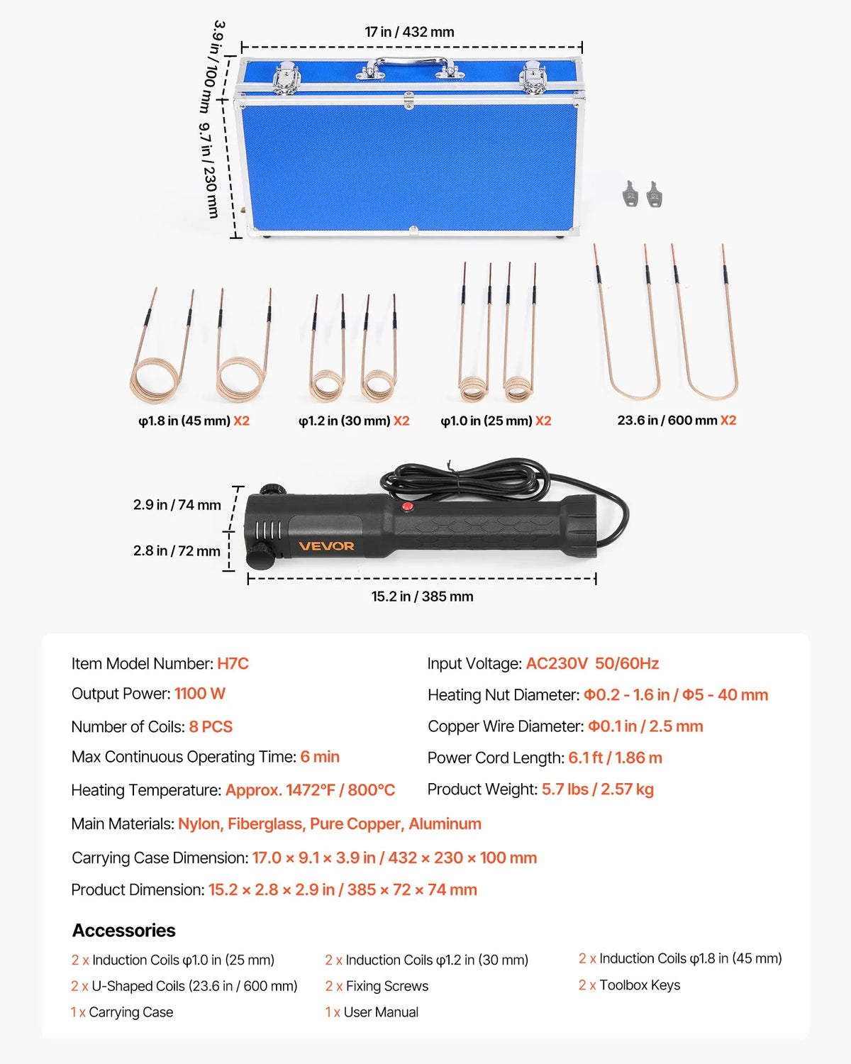 VEVOR Induction Heater 1100 W, 230 V, for Removing Rusted Bolts and Nuts, with 8 Coils and Case