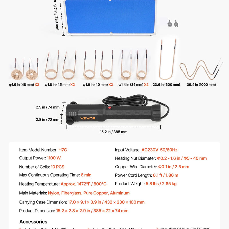 VEVOR indukcijas sildītājs skrūvju noņemšanai, 1100 W, 230 V, magnētiskā indukcijas sildīšanas komplekts, rokas uzgriežņu atbrīvošanas instruments, mini sildīšanas iekārta sarūsējušu skrūvju noņemšanai, auto remonta darbnīcas rīks ar 10 spolēm un koferi