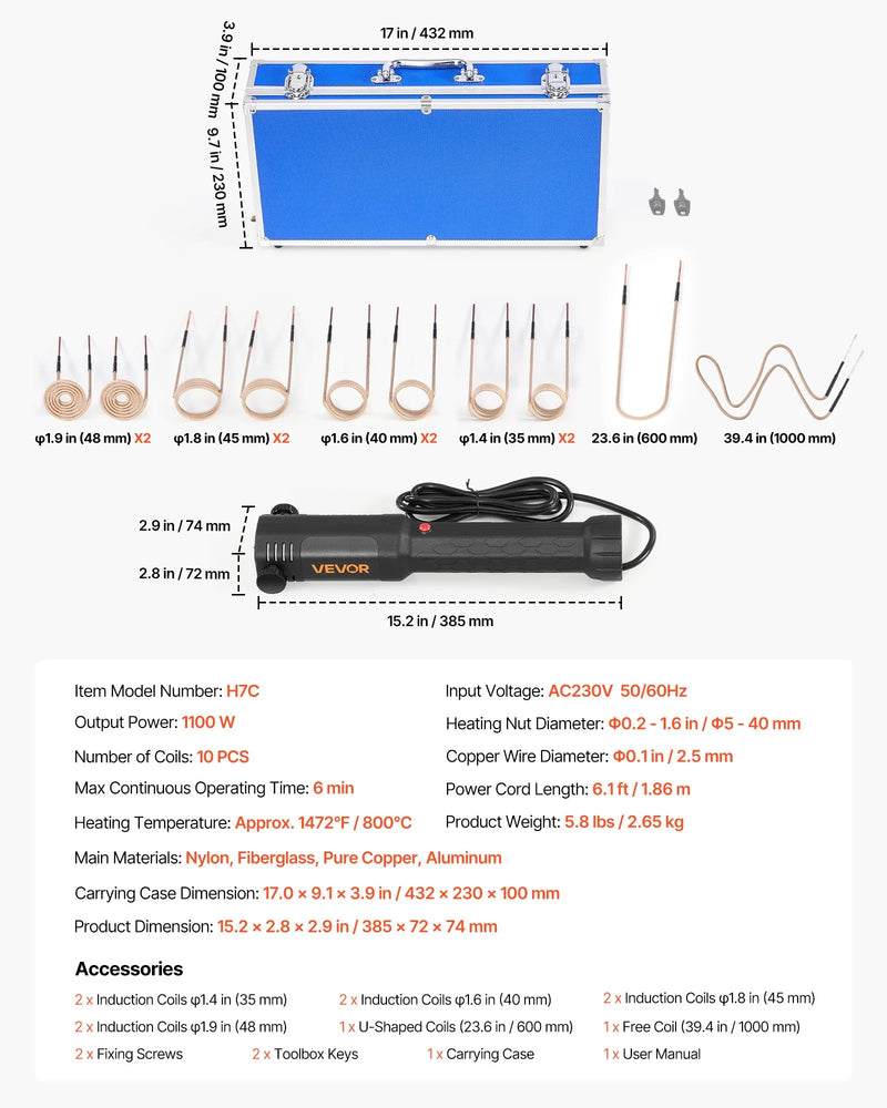 VEVOR indukcijas sildītājs skrūvju noņemšanai, 1100 W, 230 V, magnētiskā indukcijas sildīšanas komplekts, rokas uzgriežņu atbrīvošanas instruments, mini sildīšanas iekārta sarūsējušu skrūvju noņemšanai, auto remonta darbnīcas rīks ar 10 spolēm un koferi