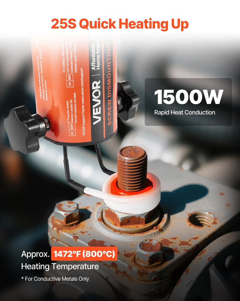 VEVOR indukcijas sildītājs skrūvju un uzgriežņu atskrūvēšanai, 1500 W, 230 V, rokas indukcijas sildīšanas ierīce ar 8 spoles komplektu un uzglabāšanas kasti, paredzēta sarūsējušu skrūvju un uzgriežņu noņemšanai automašīnu remontam
