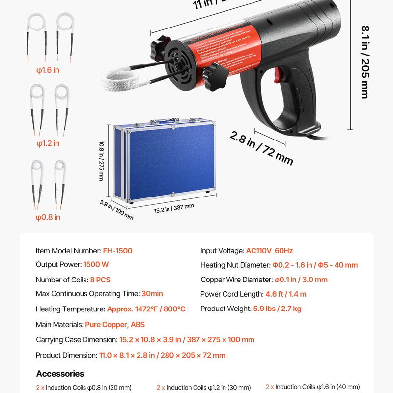 VEVOR indukcijas sildītājs skrūvju un uzgriežņu atskrūvēšanai, 1500 W, 230 V, rokas indukcijas sildīšanas ierīce ar 8 spoles komplektu un uzglabāšanas kasti, paredzēta sarūsējušu skrūvju un uzgriežņu noņemšanai automašīnu remontam