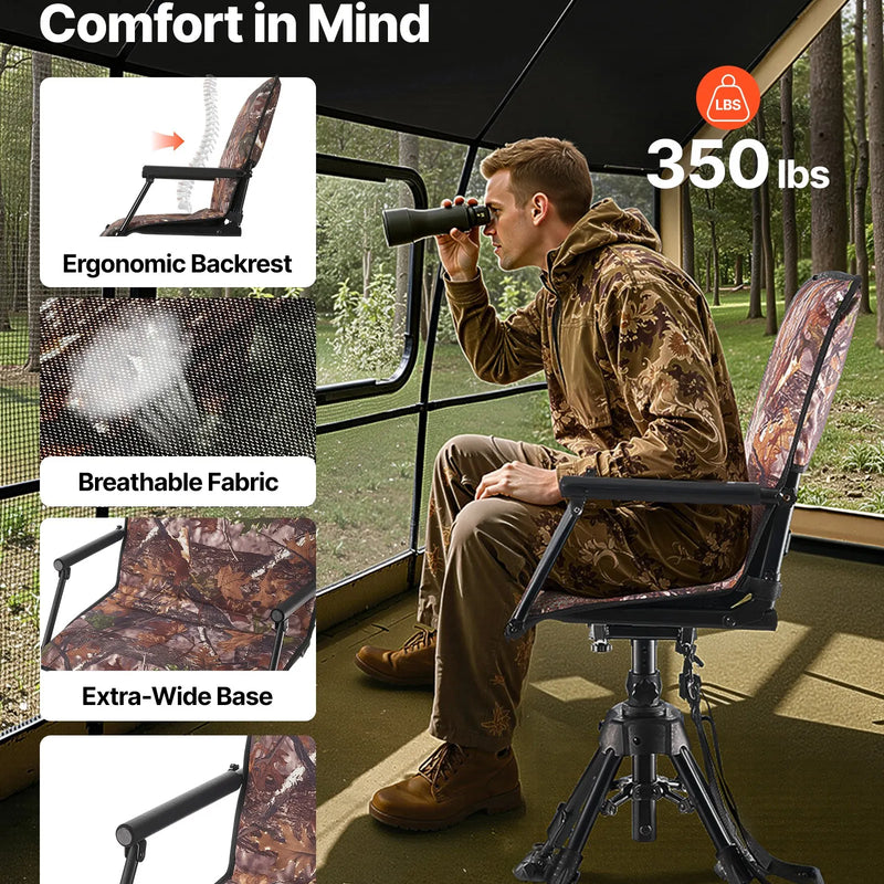 VEVOR Medību krēsls, 360° kluss rotējošs, salokāms pārnēsājams slēpņa krēsls ar roku balstiem, pārsegu, pretiegrimes kājām, regulējamu augstumu, izturīgu tērauda rāmi, 158 kg slodzi, piemērots kempingam