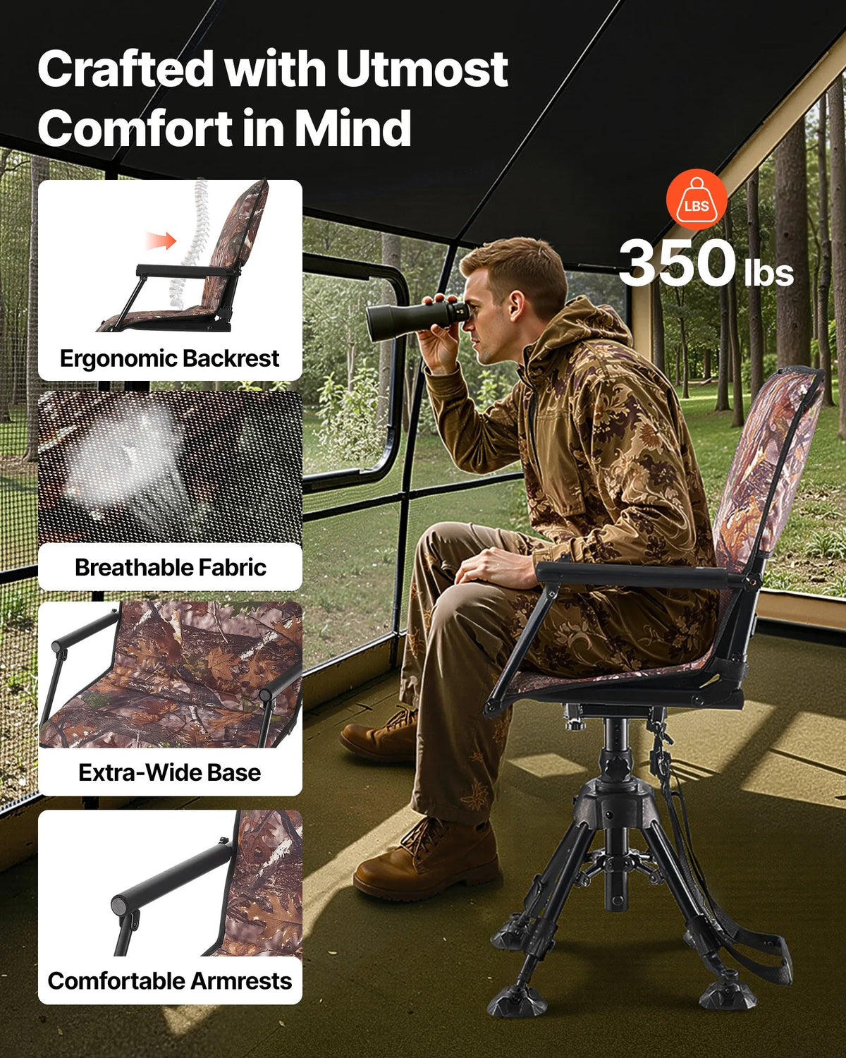 VEVOR Hunting Chair, 360° Silent Rotating, Foldable Portable Blind Chair with Armrests, Canopy, Anti-Slip Feet, Adjustable Height, Durable Steel Frame, 158 kg Load Capacity, Suitable for Camping
