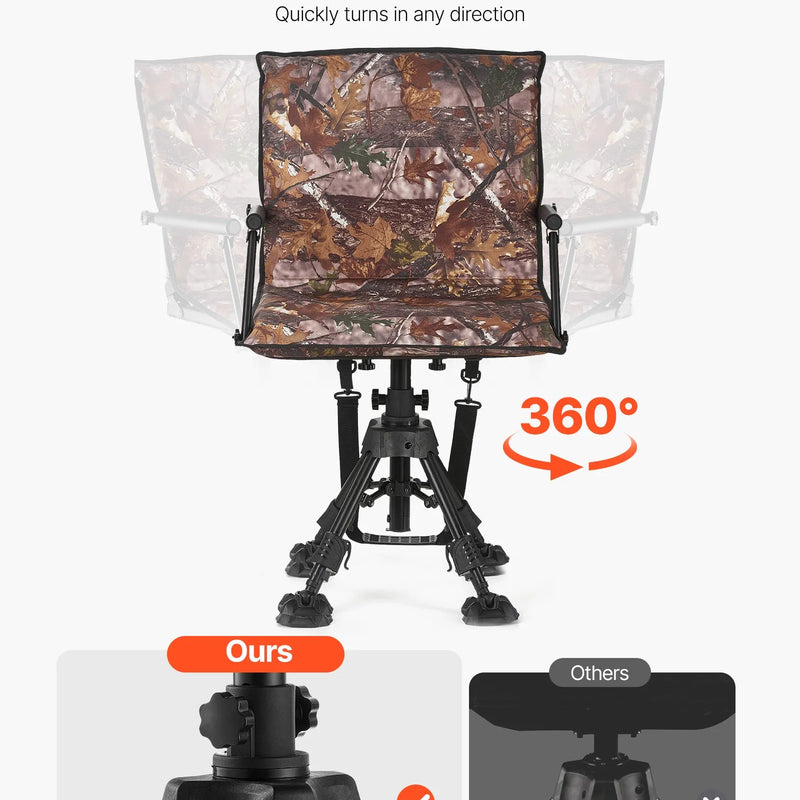 VEVOR Medību krēsls, 360° kluss rotējošs, salokāms pārnēsājams slēpņa krēsls ar roku balstiem, pārsegu, pretiegrimes kājām, regulējamu augstumu, izturīgu tērauda rāmi, 158 kg slodzi, piemērots kempingam