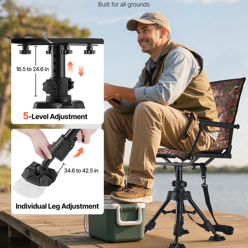 VEVOR Medību krēsls, 360° kluss rotējošs, salokāms pārnēsājams slēpņa krēsls ar roku balstiem, pārsegu, pretiegrimes kājām, regulējamu augstumu, izturīgu tērauda rāmi, 158 kg slodzi, piemērots kempingam