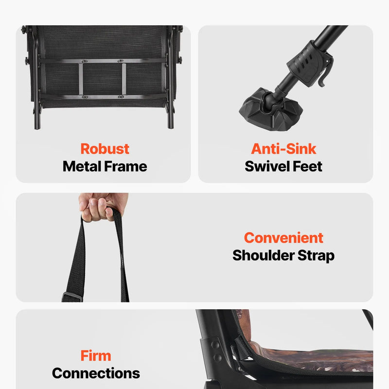 VEVOR Medību krēsls, 360° kluss rotējošs, salokāms pārnēsājams slēpņa krēsls ar roku balstiem, pārsegu, pretiegrimes kājām, regulējamu augstumu, izturīgu tērauda rāmi, 158 kg slodzi, piemērots kempingam