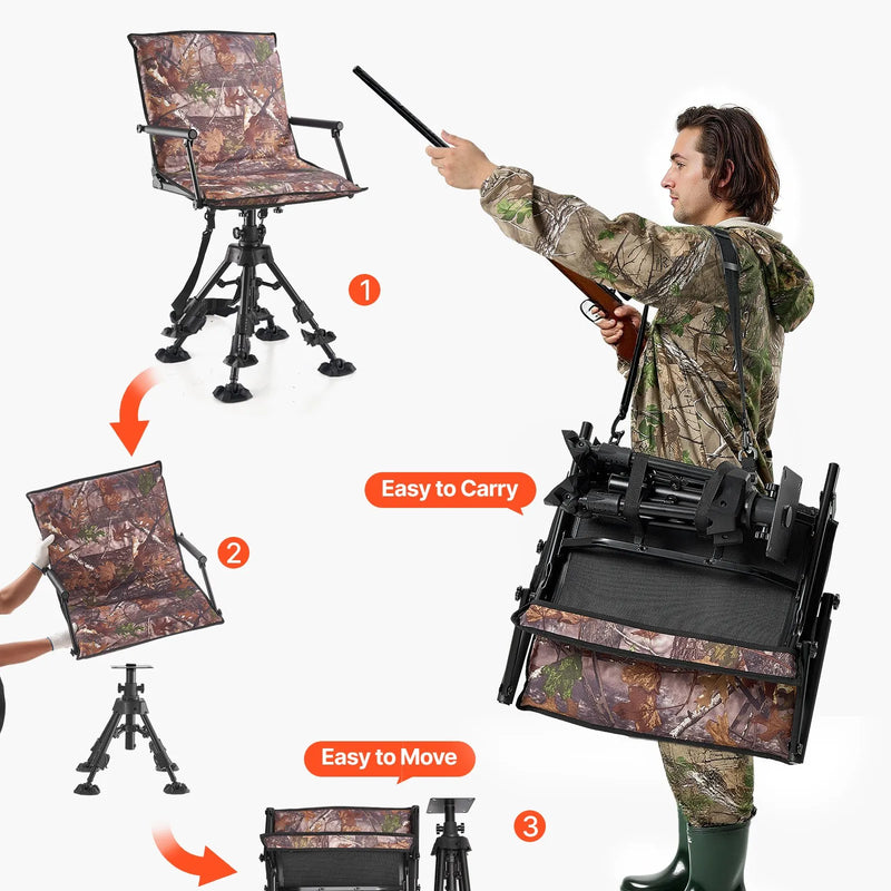 VEVOR Medību krēsls, 360° kluss rotējošs, salokāms pārnēsājams slēpņa krēsls ar roku balstiem, pārsegu, pretiegrimes kājām, regulējamu augstumu, izturīgu tērauda rāmi, 158 kg slodzi, piemērots kempingam