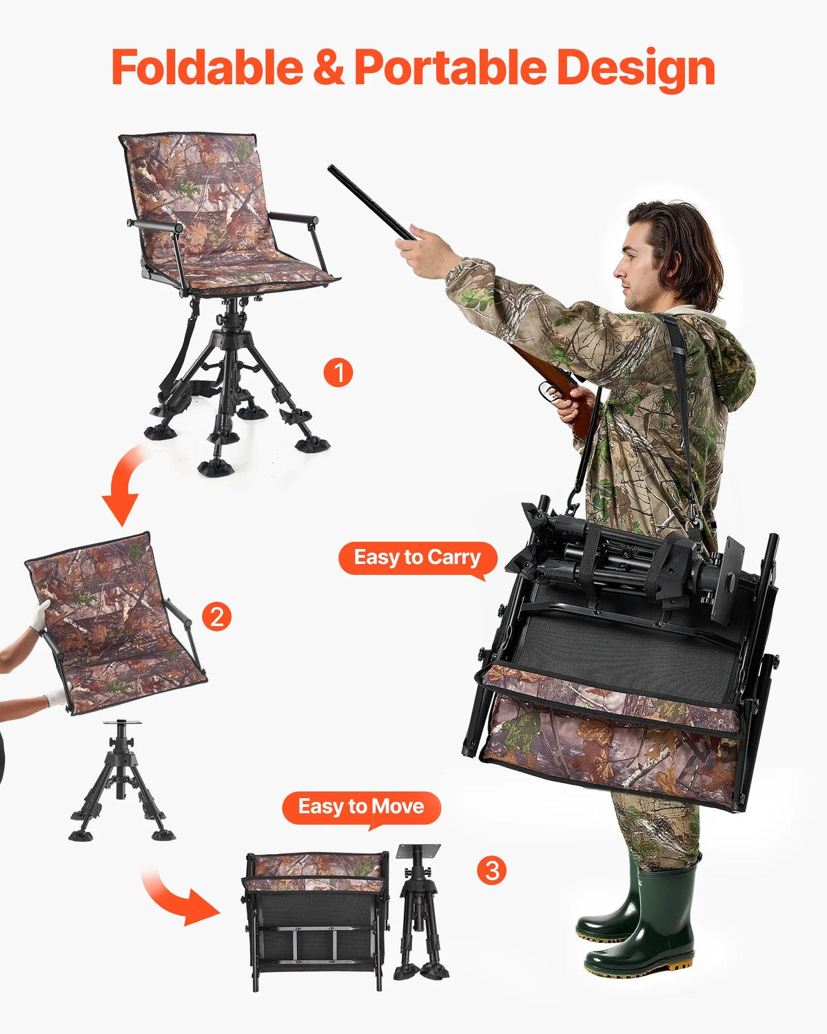 VEVOR Hunting Chair, 360° Silent Rotating, Foldable Portable Blind Chair with Armrests, Canopy, Anti-Slip Feet, Adjustable Height, Durable Steel Frame, 158 kg Load Capacity, Suitable for Camping