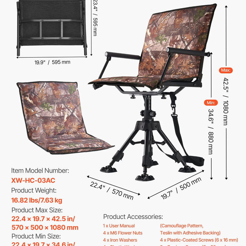 VEVOR Medību krēsls, 360° kluss rotējošs, salokāms pārnēsājams slēpņa krēsls ar roku balstiem, pārsegu, pretiegrimes kājām, regulējamu augstumu, izturīgu tērauda rāmi, 158 kg slodzi, piemērots kempingam