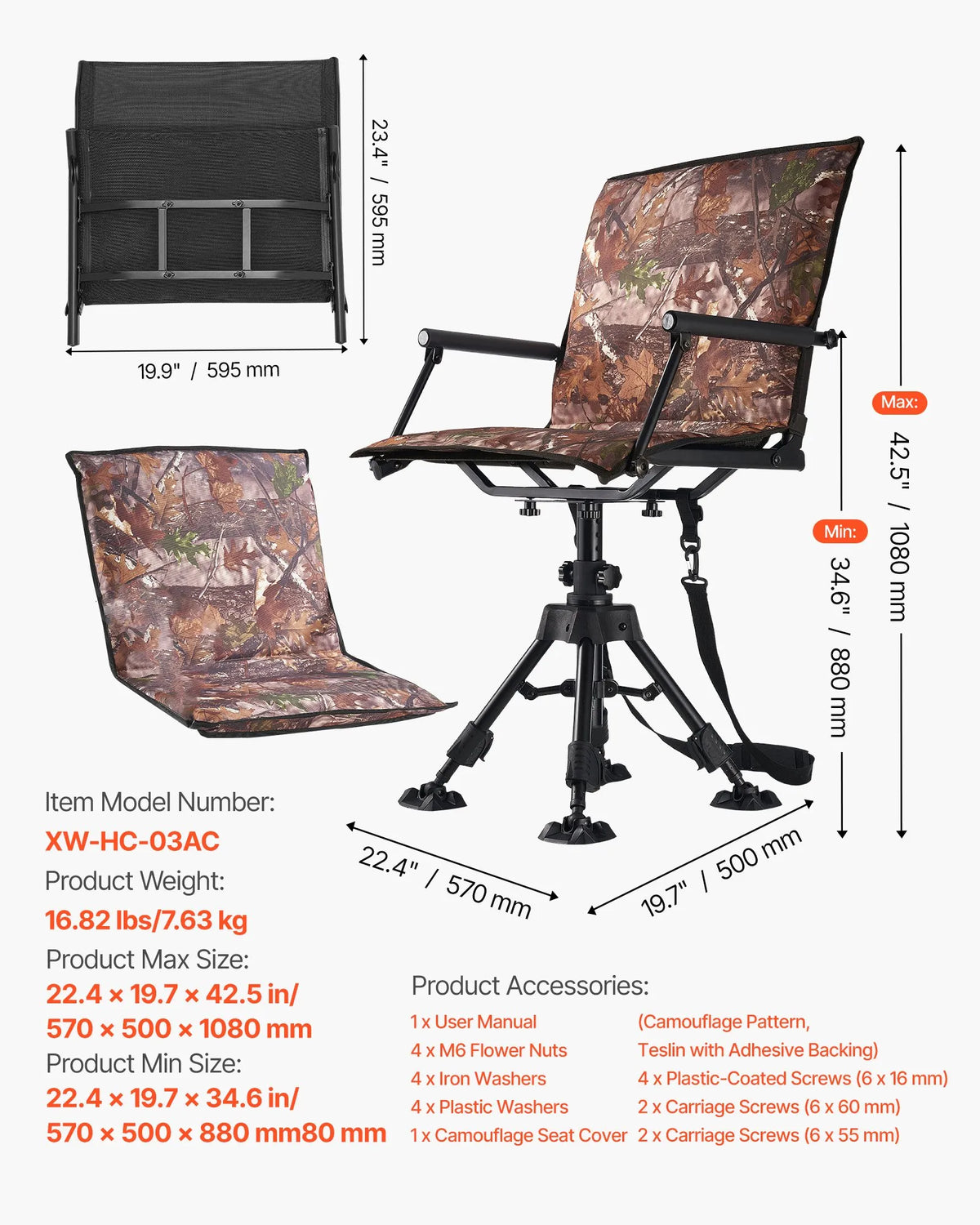 VEVOR Hunting Chair, 360° Silent Rotating, Foldable Portable Blind Chair with Armrests, Canopy, Anti-Slip Feet, Adjustable Height, Durable Steel Frame, 158 kg Load Capacity, Suitable for Camping