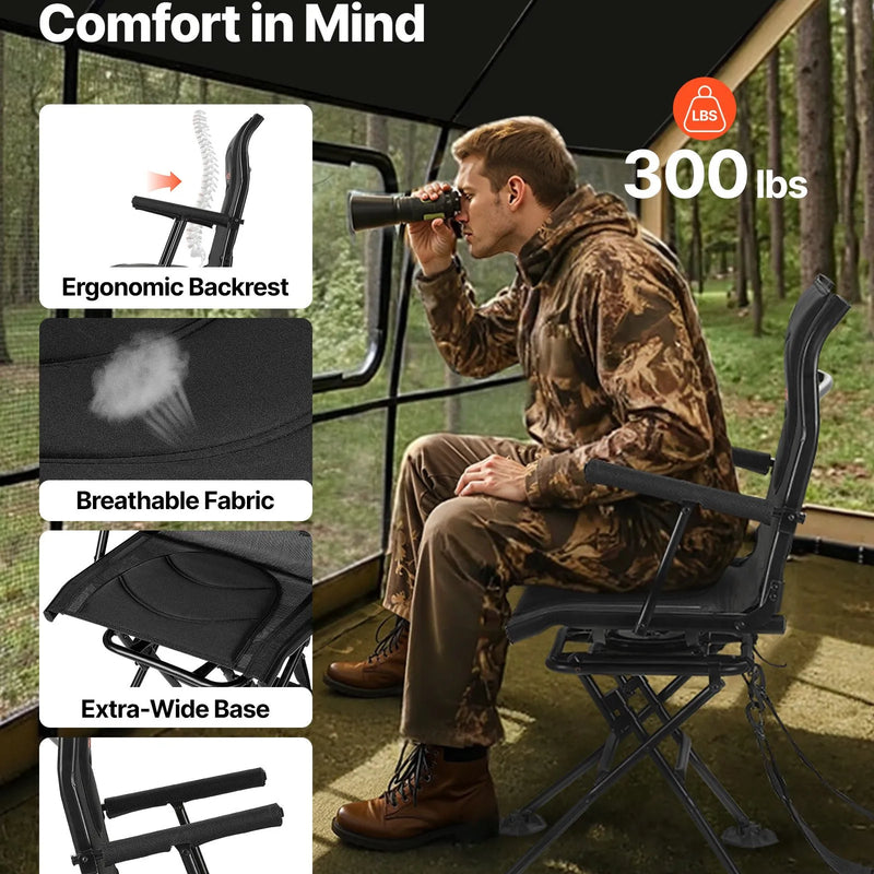 Medību krēsls ar 360° klusu rotāciju — saliekams un pārnēsājams krēsls slēpnim. Izturīgs tērauda rāmis, roku balsti, regulējama plecu siksna un pretiegrimšanas kājas. Maksimālā slodze – 136 kg; piemērots arī makšķerēšanai.