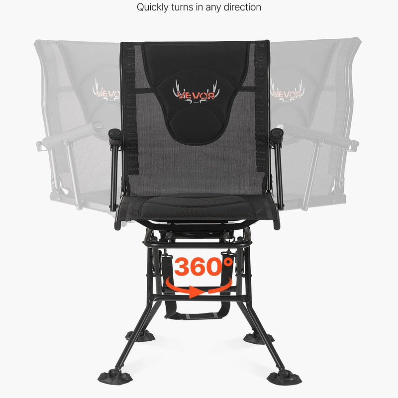 Medību krēsls ar 360° klusu rotāciju — saliekams un pārnēsājams krēsls slēpnim. Izturīgs tērauda rāmis, roku balsti, regulējama plecu siksna un pretiegrimšanas kājas. Maksimālā slodze – 136 kg; piemērots arī makšķerēšanai.