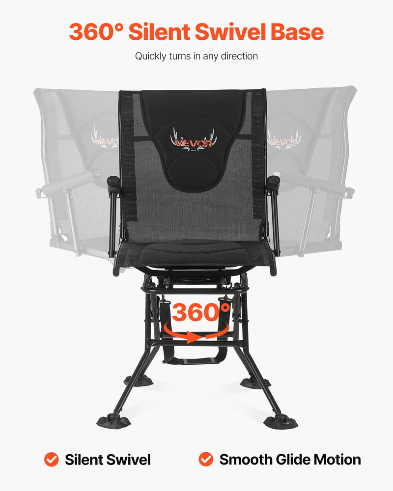 Medību krēsls ar 360° klusu rotāciju — saliekams un pārnēsājams krēsls slēpnim. Izturīgs tērauda rāmis, roku balsti, regulējama plecu siksna un pretiegrimšanas kājas. Maksimālā slodze – 136 kg; piemērots arī makšķerēšanai.