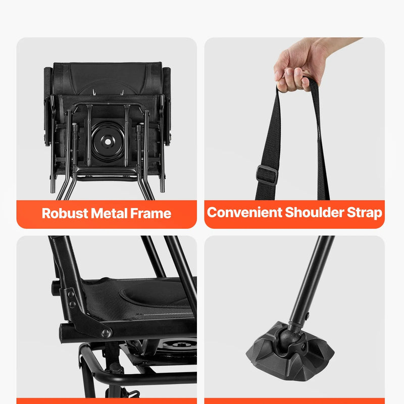 Medību krēsls ar 360° klusu rotāciju — saliekams un pārnēsājams krēsls slēpnim. Izturīgs tērauda rāmis, roku balsti, regulējama plecu siksna un pretiegrimšanas kājas. Maksimālā slodze – 136 kg; piemērots arī makšķerēšanai.