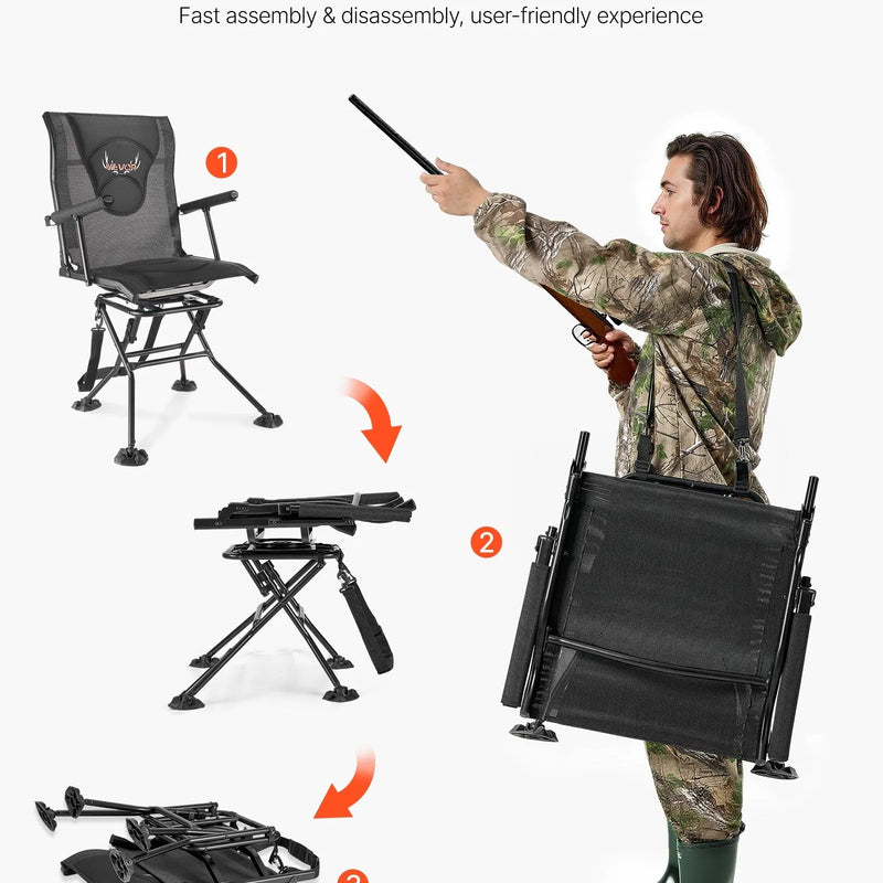 Medību krēsls ar 360° klusu rotāciju — saliekams un pārnēsājams krēsls slēpnim. Izturīgs tērauda rāmis, roku balsti, regulējama plecu siksna un pretiegrimšanas kājas. Maksimālā slodze – 136 kg; piemērots arī makšķerēšanai.