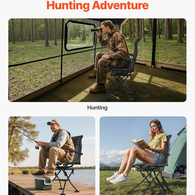 Medību krēsls ar 360° klusu rotāciju — saliekams un pārnēsājams krēsls slēpnim. Izturīgs tērauda rāmis, roku balsti, regulējama plecu siksna un pretiegrimšanas kājas. Maksimālā slodze – 136 kg; piemērots arī makšķerēšanai.