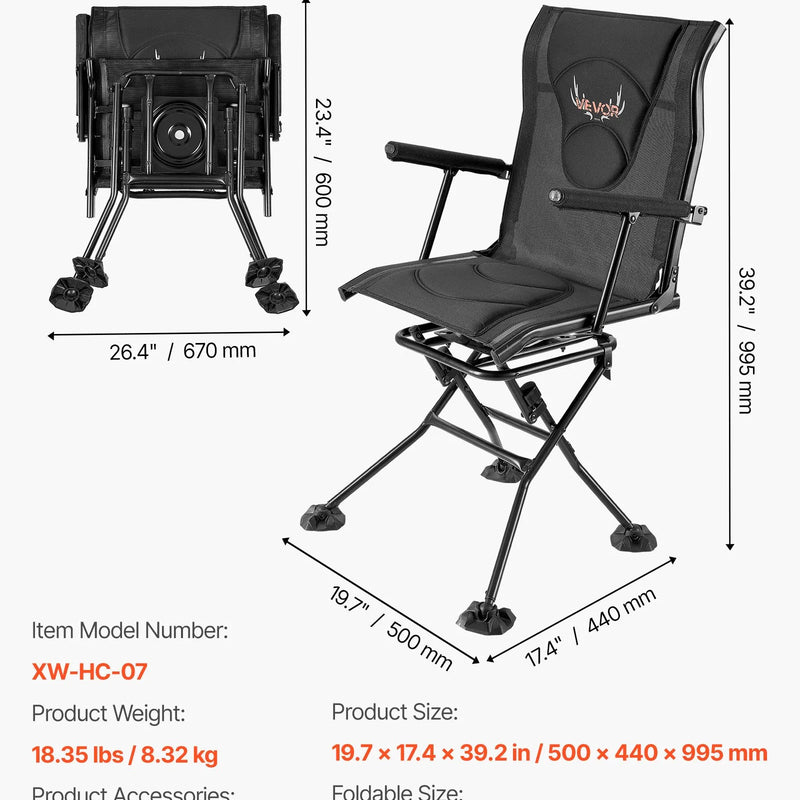 Medību krēsls ar 360° klusu rotāciju — saliekams un pārnēsājams krēsls slēpnim. Izturīgs tērauda rāmis, roku balsti, regulējama plecu siksna un pretiegrimšanas kājas. Maksimālā slodze – 136 kg; piemērots arī makšķerēšanai.