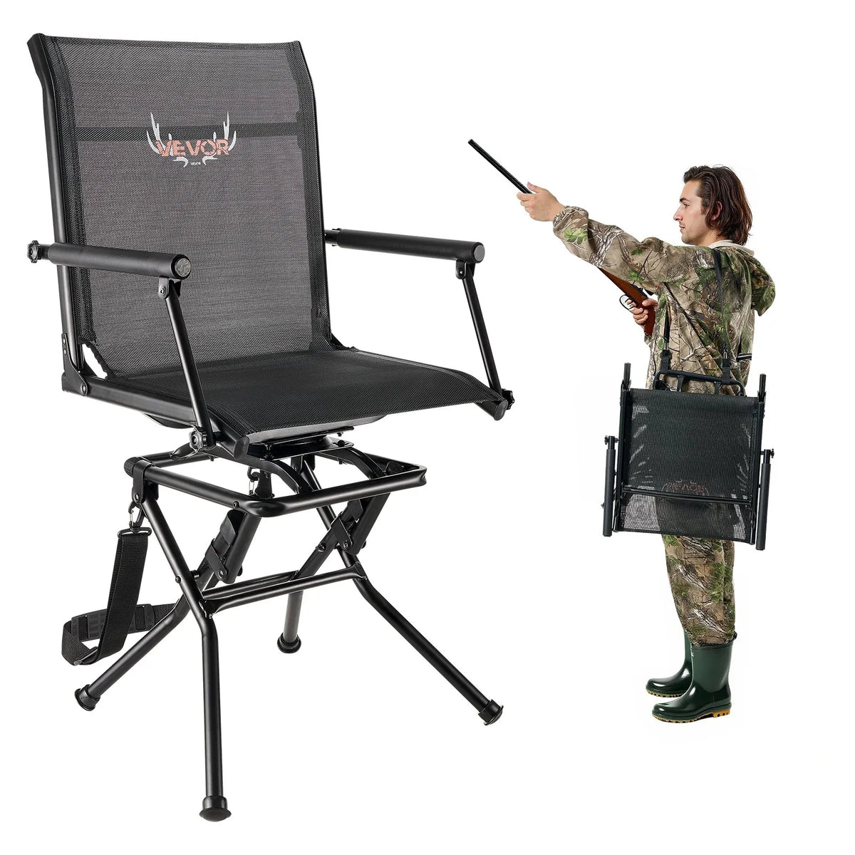 VEVOR Hunting Chair, 360° Silent Rotating, Foldable Lightweight Portable Blind Chair with Armrests, Adjustable Shoulder Strap, Durable Steel Frame, 136 kg Load Capacity, Suitable for Fishing and Camping