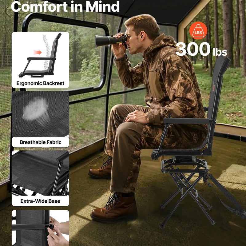 Medību krēsls, 360° kluss rotējošs, salokāms viegls pārnēsājams slēpņa krēsls ar roku balstiem, regulējamu plecu siksnu, izturīgs tērauda rāmis, 136 kg slodze, piemērots makšķerēšanai un kempingam
