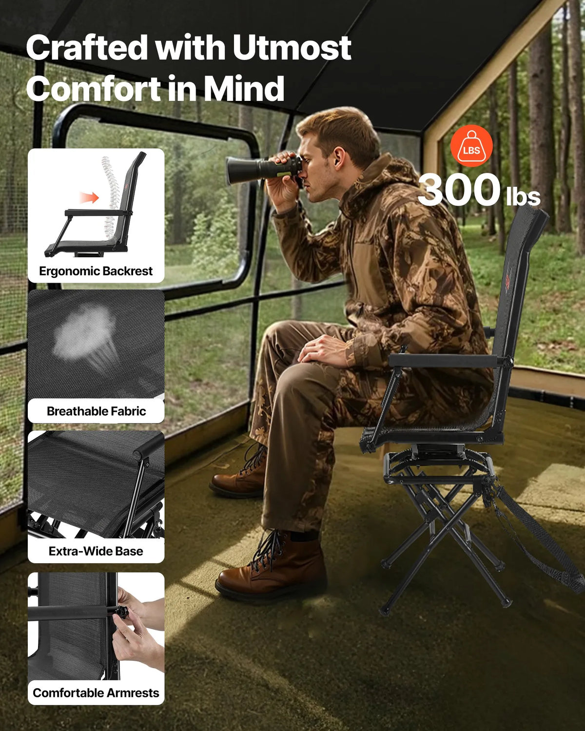 VEVOR Hunting Chair, 360° Silent Rotating, Foldable Lightweight Portable Blind Chair with Armrests, Adjustable Shoulder Strap, Durable Steel Frame, 136 kg Load Capacity, Suitable for Fishing and Camping