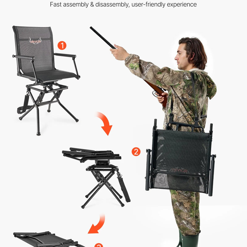 Medību krēsls, 360° kluss rotējošs, salokāms viegls pārnēsājams slēpņa krēsls ar roku balstiem, regulējamu plecu siksnu, izturīgs tērauda rāmis, 136 kg slodze, piemērots makšķerēšanai un kempingam