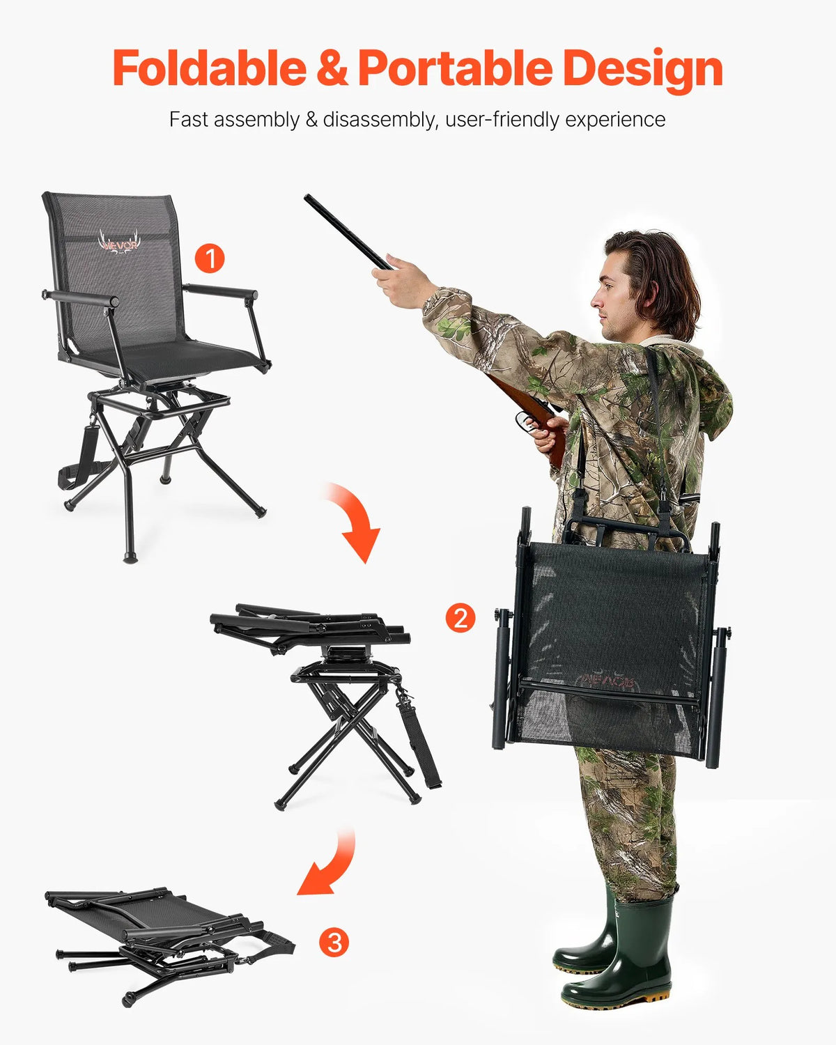 VEVOR Hunting Chair, 360° Silent Rotating, Foldable Lightweight Portable Blind Chair with Armrests, Adjustable Shoulder Strap, Durable Steel Frame, 136 kg Load Capacity, Suitable for Fishing and Camping