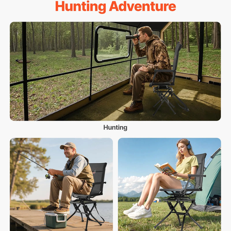Medību krēsls, 360° kluss rotējošs, salokāms viegls pārnēsājams slēpņa krēsls ar roku balstiem, regulējamu plecu siksnu, izturīgs tērauda rāmis, 136 kg slodze, piemērots makšķerēšanai un kempingam