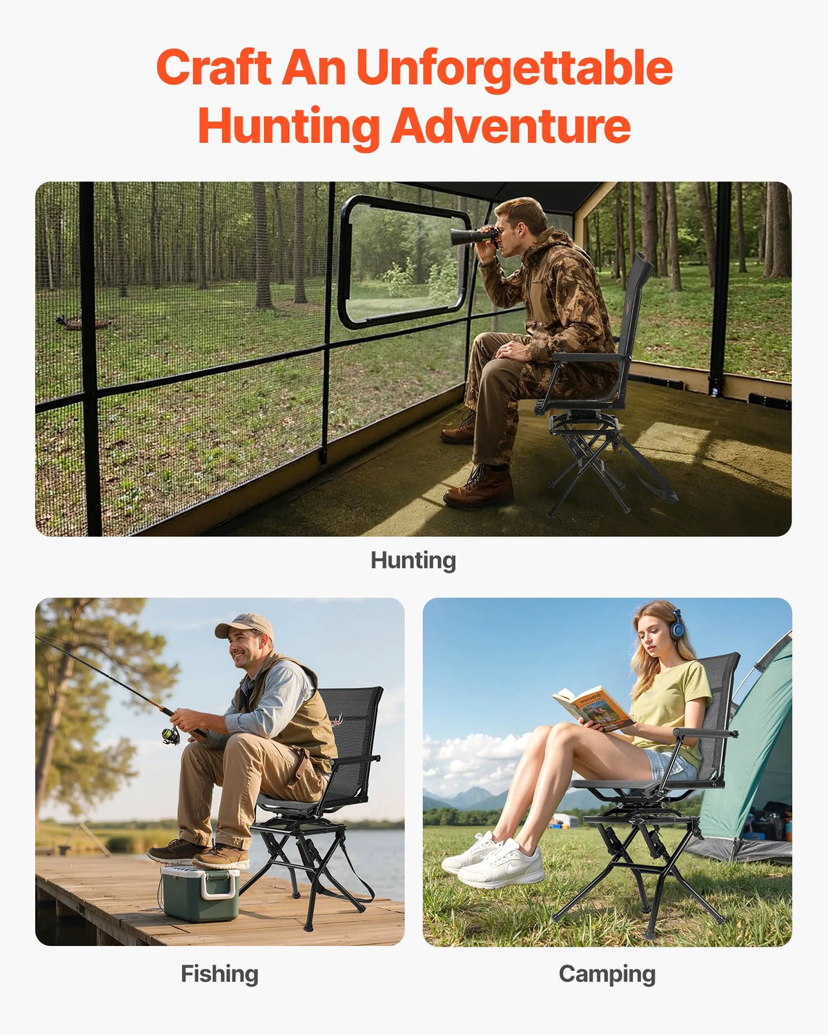 VEVOR Hunting Chair, 360° Silent Rotating, Foldable Lightweight Portable Blind Chair with Armrests, Adjustable Shoulder Strap, Durable Steel Frame, 136 kg Load Capacity, Suitable for Fishing and Camping