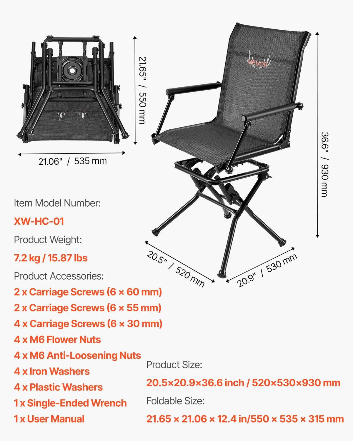 VEVOR Hunting Chair, 360° Silent Rotating, Foldable Lightweight Portable Blind Chair with Armrests, Adjustable Shoulder Strap, Durable Steel Frame, 136 kg Load Capacity, Suitable for Fishing and Camping